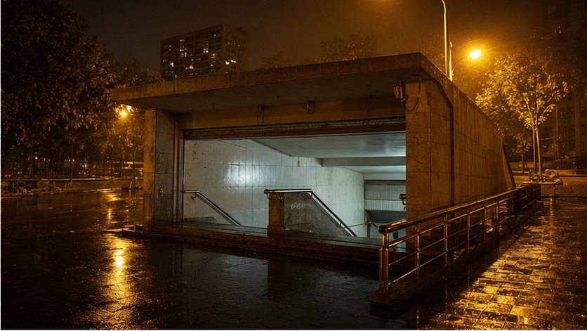 雨夜中的旧地铁出口